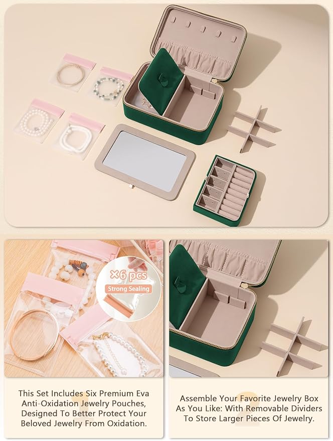 Velvet Travel Jewelry Box with Large Mirror, Double-Layer Jewelry Organizer Case for Women and Girls, Portable Storage Case with 6 Anti-Tarnish Bags Gift Ready for Her (Emerald Green) - Image 4