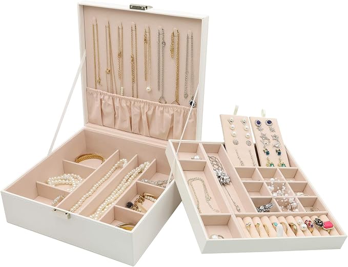 ProCase Jewelry Box for Women, 2 Layers Large Leather Jewelry Organizer Storage Case with Removable Pad for Earrings -White by ProCase