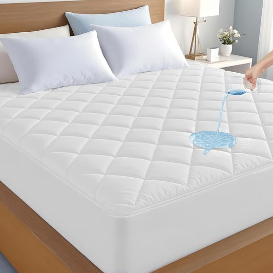 LUX Décor King Mattress Pad - Quilted Elastic Fitted Mattress Cover Protector Upto 16 Inches Deep Pocket - Soft Breathable Noiseless Mattress Topper (78 X 80)