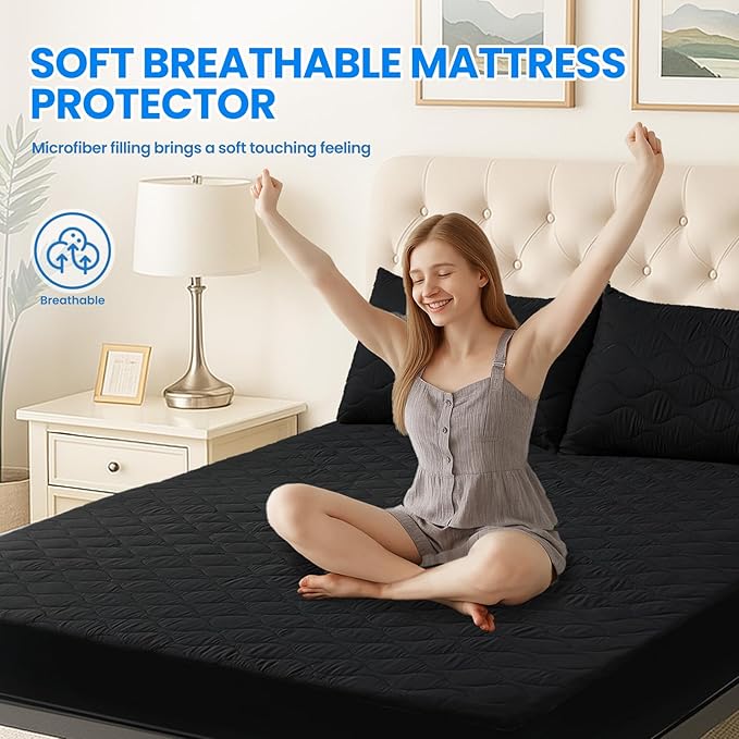 Waterproof Mattress Protector,King Mattress Protector Fitted Up to 16" Deep Pocket, Soft Breathable Bed Mattress Cover for Bedroom,Doom Room Machine Washable,(Black)