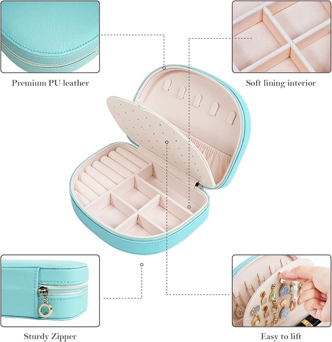 ProCase Travel Size Jewelry Box, Medium Portable Seashell-Shaped Jewelry Case, 2 Layer Jewelry Organizer in PU Leather for Women -Blue - Image 5