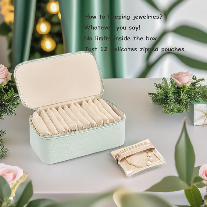 VLANDO Travel Jewelry Box Organizer – Portable PU Leather Jewelry Case with 6/8/12 Zippered Pouches, Compact Storage for Earrings Rings Necklaces Bracelets, Menthol Mambo - Image 3