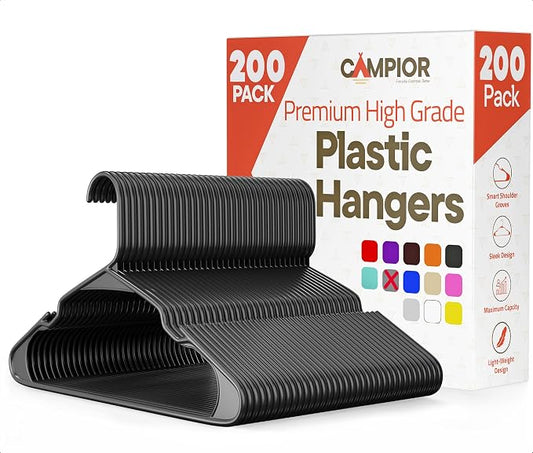 Gray Plastic Hangers 200 Pack– Heavy-Duty Plastic Hangers Slim and Space-Saving, Durable and Lightweight PP with Non-Slip Shoulder Notches for Slip Dresses, Suits, Jackets & Camisoles by Campior