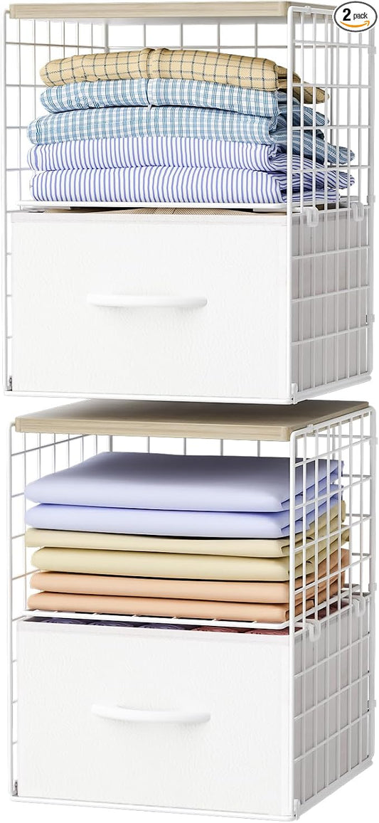 2 Pack Stackable Storage Drawers, Closet Organizers and Storage Shelves with Wooden Top & Adjustable Dividers, White Fabric Closet Drawer Organizer, Modular Storage Bins for Bedroom Wardrobe Apartment by Hencawima