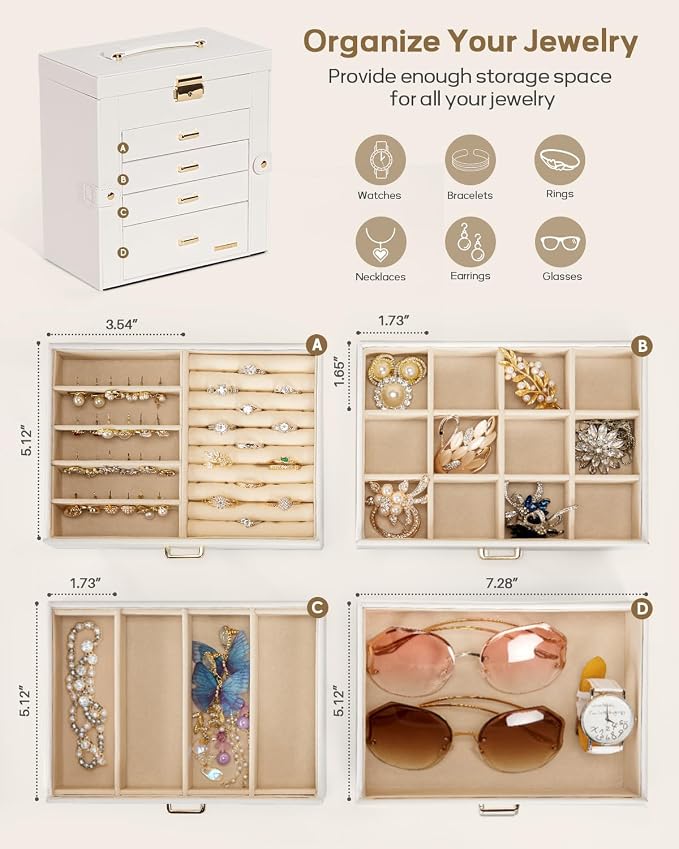 Homde Synthetic Leather Huge Jewelry Box Mirrored Watch Organizer Necklace Ring Earring Storage Lockable Gift Case (White + Gold) - Image 3