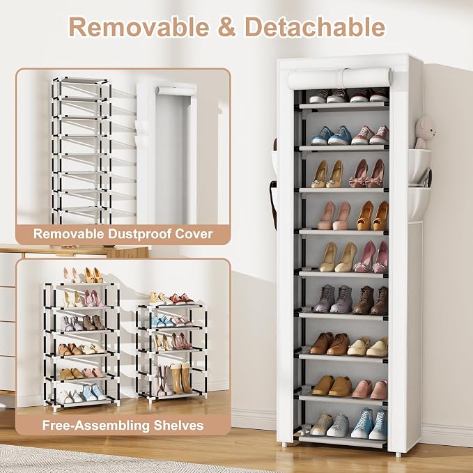 VILICK Shoe Rack with Cover Narrow Shoe Rack Organizer with 4 Side Pockets 10 Tier Tall Shoe Storage Shoe Shelf Holds 18-22 Pairs Shoes and Boots Shoe Rack for Closet, White - Image 6