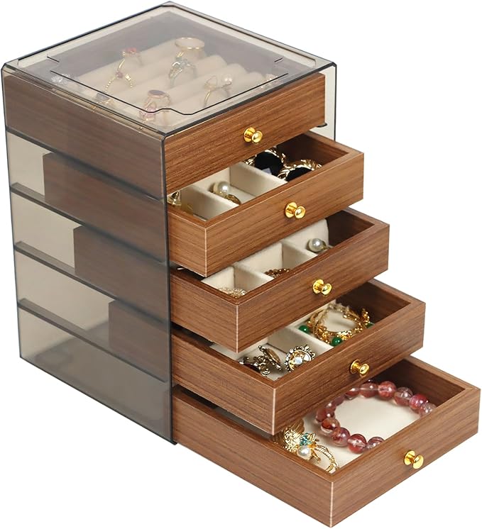 Fordonral Earring Jewelry Organizer Box with 5 Drawers, Plastic Jewelry Storage with Asjustable Velvet Trays, Multiple Display Holder for Earrings Ring Bracelet Necklace (Small-5-Drawer) by Fordonral