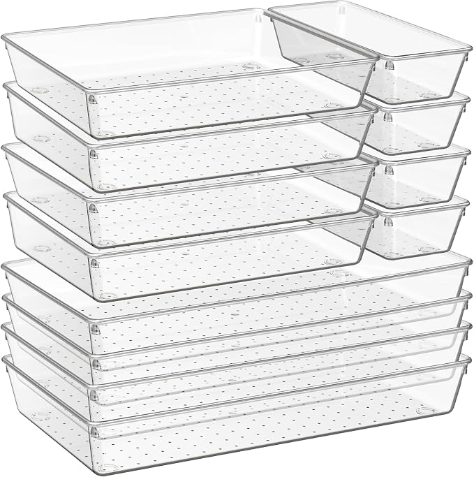 Criusia 12 Pack Large Clear Plastic Drawer Organizer Trays | MULTI-USE Acrylic Drawer Storage for Kitchen, Bathroom, Makeup, Office, School, Undies | College Dorm Room, Home Apartment Essentials by Criusia