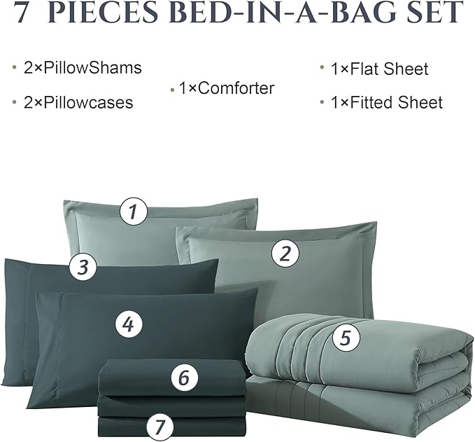 Monbix Oversized King Size Comforter Set - 7 Pieces Sage Green Bed in a Bag Oversized King Bedding Sets with Comforters, All Seasons Comforter Bed Set with Sheets, Pillowcases & Shams