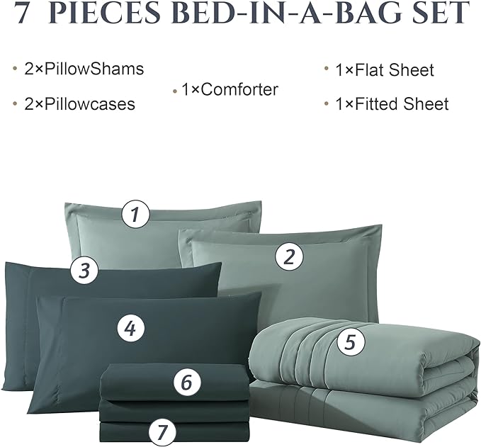 Monbix Oversized Queen Comforter Set - 7 Pieces Sage Green Bed in a Bag Oversized Queen Bedding Sets with Comforters, All Seasons Comforter Bed Set with Sheets, Pillowcases & Shams