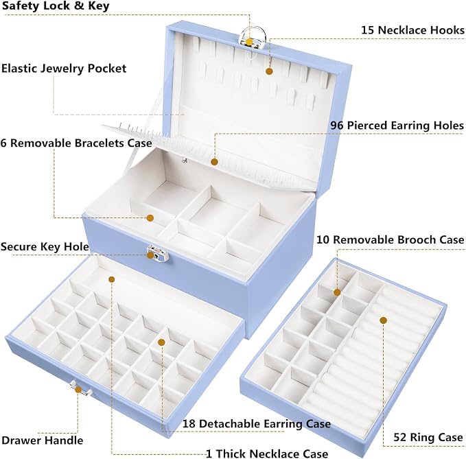 QBestry Earrings Jewelry Box for Girls, 5 Layers Jewelry Organizer with Earring Holder Organizer for Girls Earring Organizer Jewelry Boxes for Women Earrings and Necklaces Jewelry Box Organizer Blue - Image 7