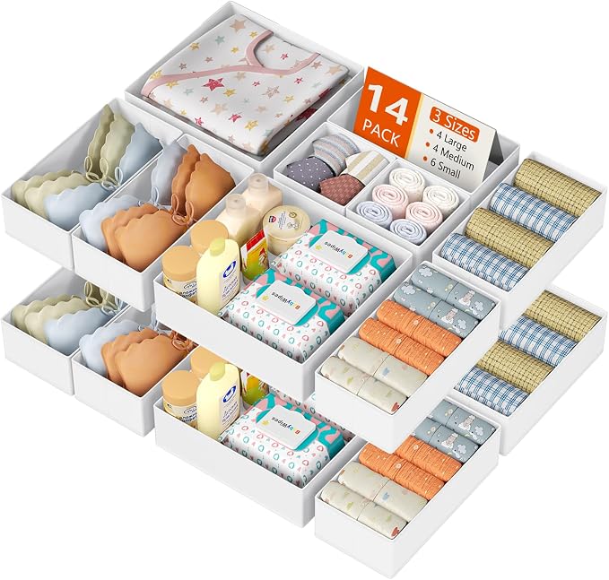 DIMJ Drawer Organizer Clothes, 14 Pack Dresser Organizer, Foldable Closet Organizers and Storage, Fabric Dresser Bins, Drawer Dividers for Nursery, Baby Clothes, Underwears, Sock (White) by DiMJ