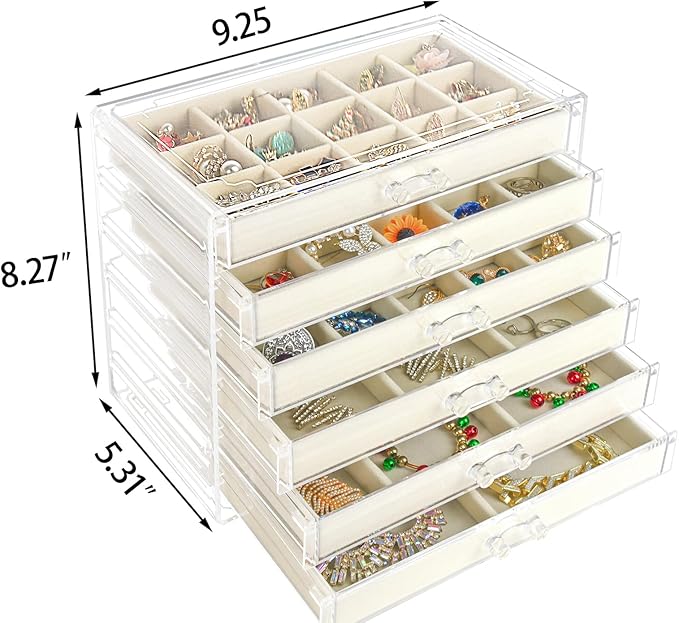 Watpot Acrylic Jewelry Box with 6 Drawers, Clear Earring Storage Organizer Display Case for Women Girls, Beige - Image 2