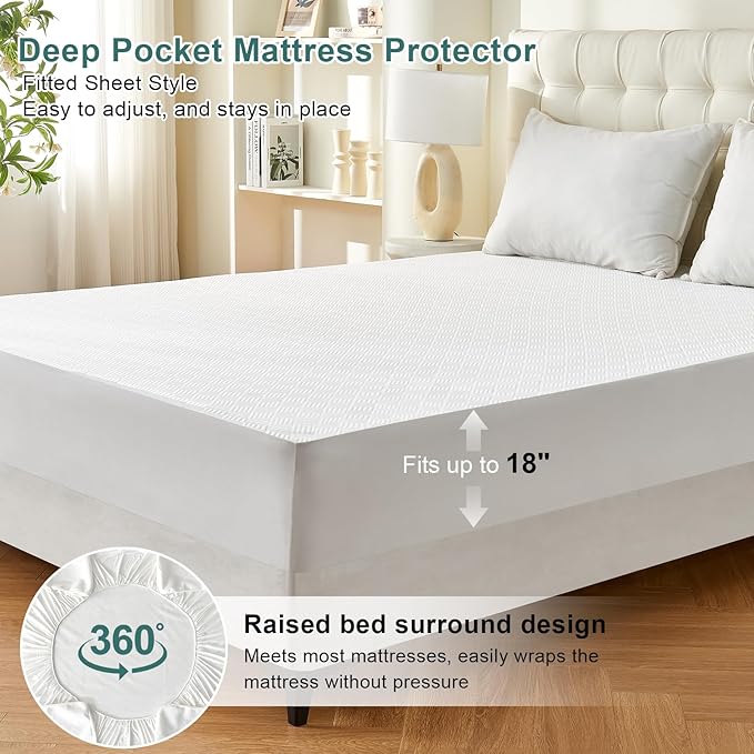 King Size Mattress Cover Protector 100% Waterproof, Cooling 3D Air Fabric Bed Cover with 6''-18'' Deep Pocket, Noiseless Machine Washable Mattress Pad Cover for Kids Adults Pets (White, 76'' X 80'')