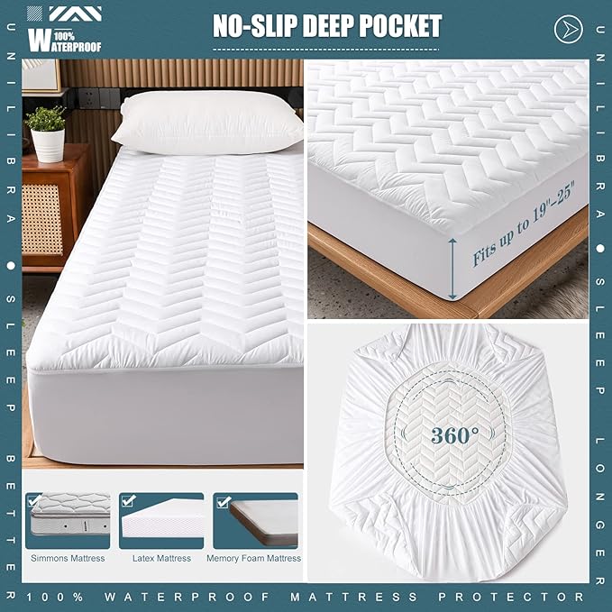 King Size Waterproof Mattress Protector Quilted, Breathable Ultra-Soft Filling Mattress Pad, Fitted Deep Pocket Mattress Cover Fits 6''-25'' Mattress White
