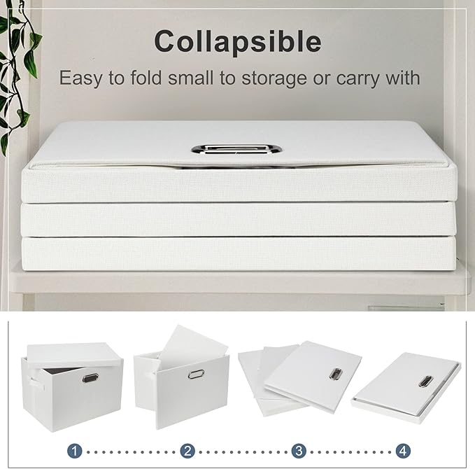 Graciadeco Large 17" 36 Quart Collapsible Stackable Storage Bins with Lids, 3 Packs White Linen Fabric Closet Boxes with Lids, Storage Cube Baskets Container Organizers for Bedroom Office(17 x12 x11) - Image 5