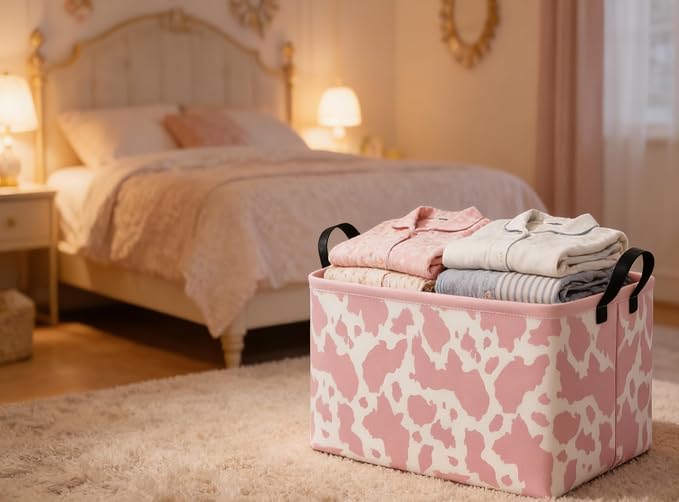 Rectangular Cow Baskets Pink Basket Cute Storage Bins Organizer Box Girls Room Decor for Home.(Pink cow) - Image 5