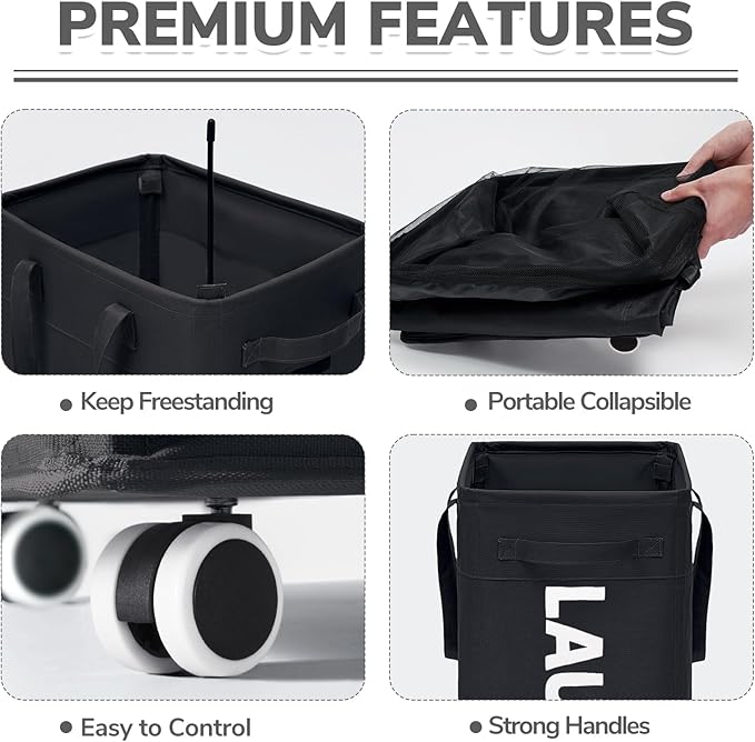 CHICVITA 75L Slim Laundry Hamper with Wheels and Removable Wash Bag, Black Rolling Basket with Handle for Laundry Room - Image 2