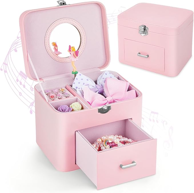 Basumee Musical Jewelry Box for Girls PU Leather Music Box with Drawer Large Kids Jewelry Organizer with Unicorn/Ballerina Jewelry Storage for Little Girls Ages 3–10, Birthday & Holiday Present by Basumee