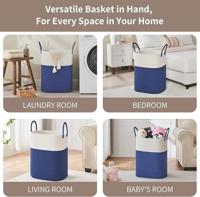 AINUOQI Laundry Basket with Handles - Blanket Basket & Hampers for Bedroom Aesthetic, Laundry Hamper & Blanket Storage for Living Room, Clothes Hamper, Tall, Large 17" x 14" x 23”, White & Dark Blue - Image 3