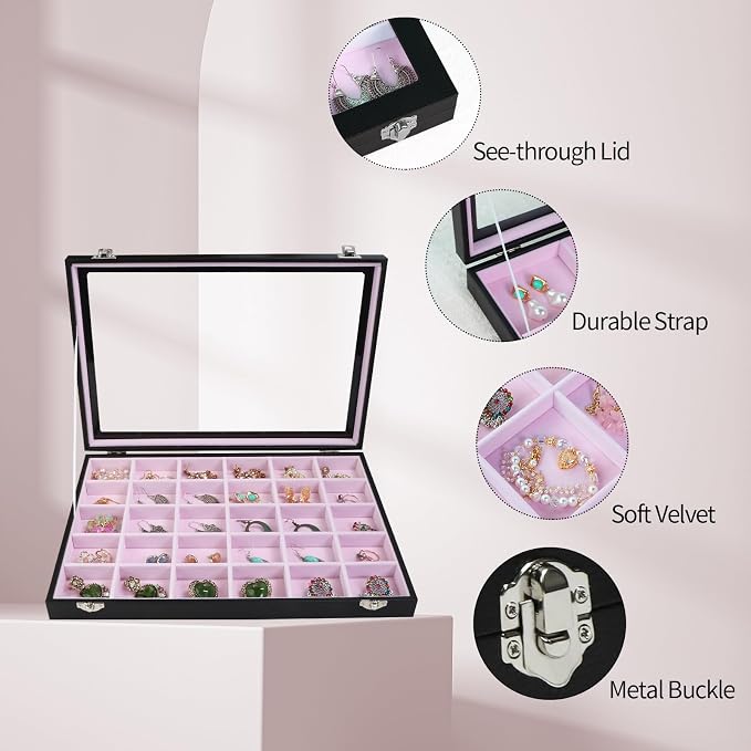 Stratalife Jewelry Organizer Earring Holder Jewelry Tray with Lid Earring Storage Drawer Organizer Earring Ring Storage for Women 30 Grid (Pink Black) - Image 4