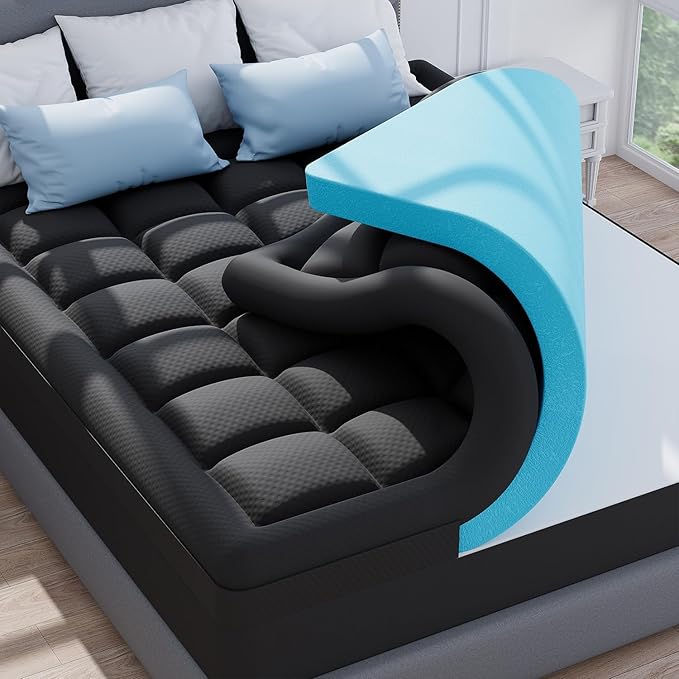 ELEMUSE 3 Inch Dual Layer Memory Foam Mattress Topper Cal King, 2 Inch Cooling Gel Memory Foam Pad Plus 1 Inch Down Alternative Pillowtop Mattress Pad with Cooling Cover, Black