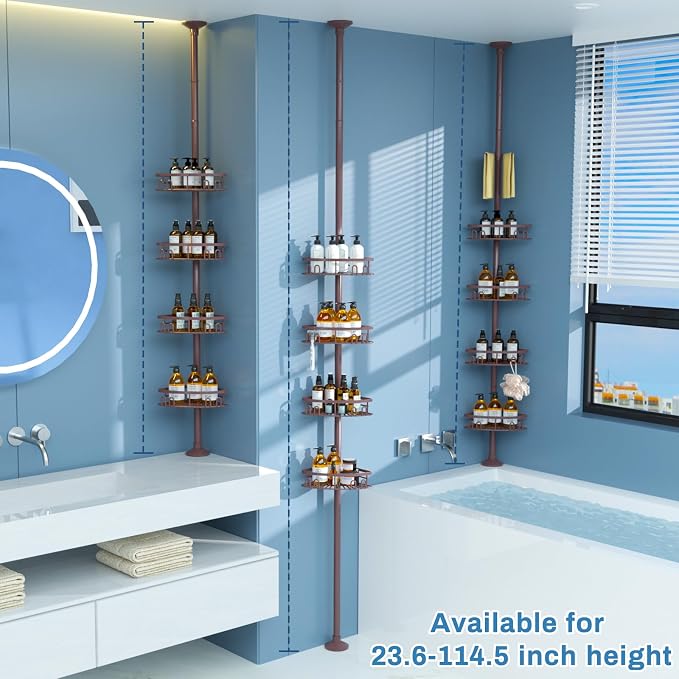 Rustproof Shower Corner Caddy Shelf for Bathroom Tension Pole Organizer with 4 Baskets for Bathtub Shampoo Storage from 23.6 to 114.5 Inch with Towel Bar (Bronze) - Image 2