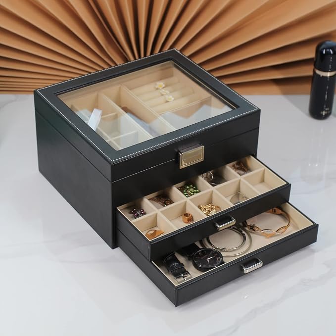 BOOVO Clear Lid Jewelry Box,3 Layers Jewelry Organizer Large Multi-Functional Jewelry Storage Box with 2 Drawers,Jewelry Display Case of Rings Earrings Necklace Bracelets for Women Girls (Black) - Image 4