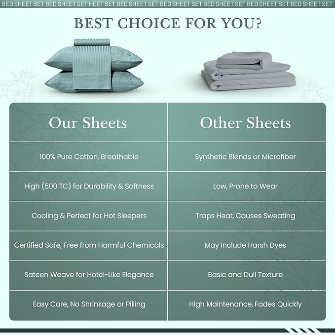 Feather & Stitch 500 TC California King Size Damask Bed Sheet Set,100% Cotton Soft Breathable Bedsheets 4 Piece 18" Deep Pockets Sateen Weave Striped Bedding - (Granite Green Stripe)