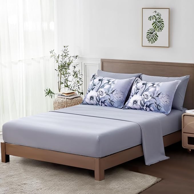 Luxudecor Floral Comforter Set Queen Size 7 Piece, Blue Flower Bed in a Bag, Elegant Gradient Floral Comforter with Sheet Set, Soft Seersucker Microfiber Bedding Set for All Season (Blue, 90"x90")