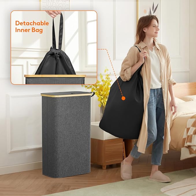 Lifewit 75L Slim Laundry Hamper with Lid, Narrow Laundry Basket with Removable Bag & Bamboo Handles, Fodable Thin Dirty Clothes Hamper for Laundry Collapsible Bin for Bathroom Bedroom Dorm, Dark Gray - Image 4