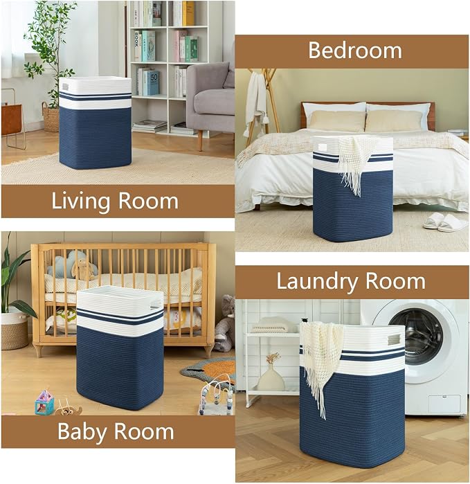 OIAHOMY Laundry Hamper-Laundry Basket,Tall Cotton Storage Basket with Handles,Decorative Blanket Baskets for Living room,Collapsible Large Baskets for Toys,Pillows,Clothes-16x13x22in-Blue - Image 7