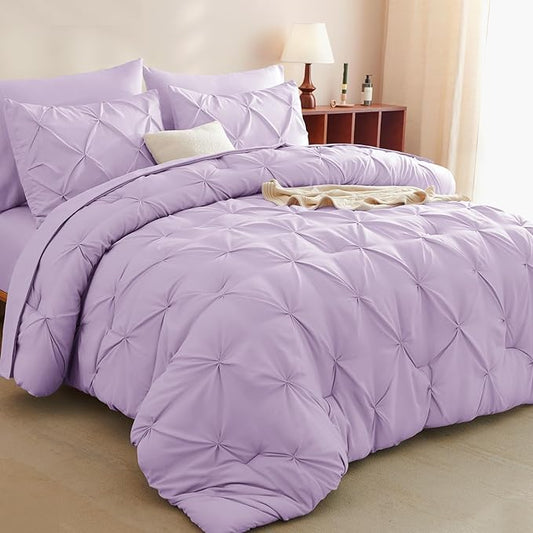 CozyLux King Size Comforter Set Lavender, 7 Pieces Bed in A Bag Light Purple Comforter King Size, Pinch Pleat Bedding Set with All Season Comforter, Sheets, Pillowcases & Shams