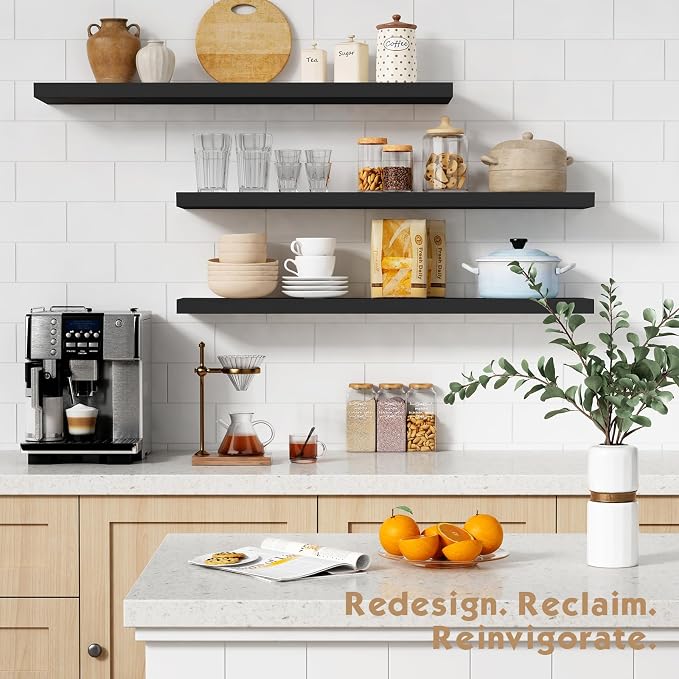 Forbena Large Floating Shelves for Wall 36 Inches Long 8 Inch Deep, Black Wall Shelves for Kitchen Bedroom, Heavy Duty Wooden Floating Shelf for Living Room Office Closet (Black, Set of 3) - Image 3