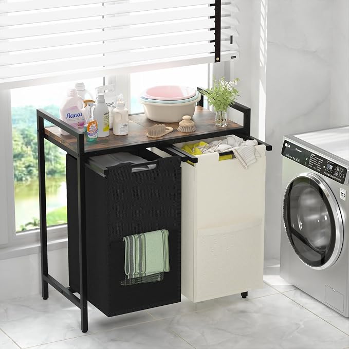 Huhote Double Compartment Laundry Basket, Laundry Sorter with Top Shelf, 2 Removable Washable Bags, Side Pockets, Black & White - Image 2
