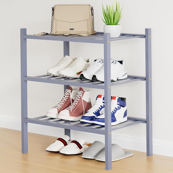Smiry Shoe Rack, 3 Tier Small Bamboo Shoe Organizer, Stackable Free Standing Wooden Shoe Storage Shelf for Closet, Entryway, Front Door Entrance, Grey by Smiry