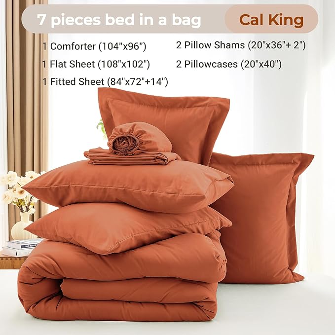MUXHOMO 7 Pieces California King Comforter Set, Soft Bed in a Bag Cal King Size, All Season Bedding Set with Comforter, Flat Sheet, Fitted Sheet, Pillowcases & Shams, Burnt Orange