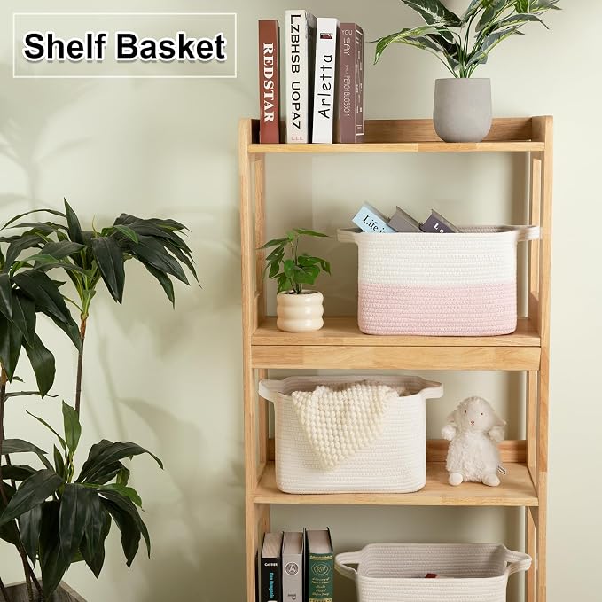 OIAHOMY Woven Storage Basket for Shelves, Rectangle Cotton Rope Baskets for Organizing, 13 x 10 x 9 in, Storage Bins for Dog Toys,Towel,Books,Gift, White - Image 2