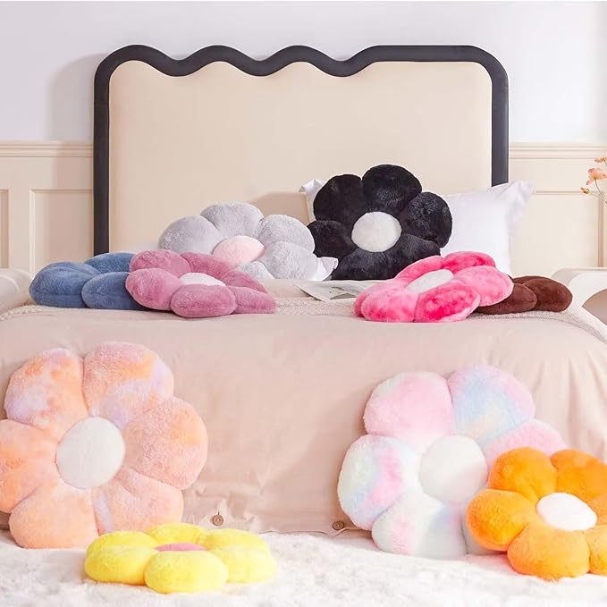 Kcvvcr Flower Pillow Cute Decorative Throw Pillow with Faux Rabbit Fur Soft Daisy Plush Floor Cushion Aesthetic Flower Shaped Pillow Home Decor for Bed Sofa Couch (Orange 17.7 Inch)
