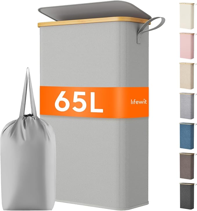 Lifewit 65L Slim Laundry Hamper with Lid, Narrow Laundry Basket with Removable Bag & Bamboo Handles, Fodable Thin Dirty Clothes Hamper for Laundry Collapsible Bin for Bathroom Bedroom Dorm,Silver Grey by Lifewit