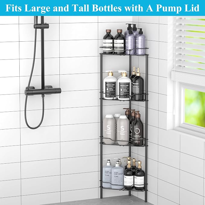 HuggieGems 4 Tier Floor Standing Corner Shower Caddy Organizer Shelf with Hooks, Bathroom Shelves Stand Rack, Matt Black - Image 4