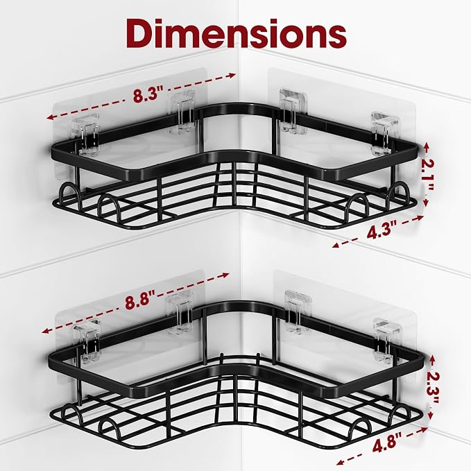 Sakugi Corner Shower Caddy - 2 Pack, Adhesive Shower Organizers, Rustproof Stainless Steel Shower Shelves with 8 Hooks, No Drilling Bathroom Organizers and Storage Racks, Space-Saving, Black, Large - Image 3