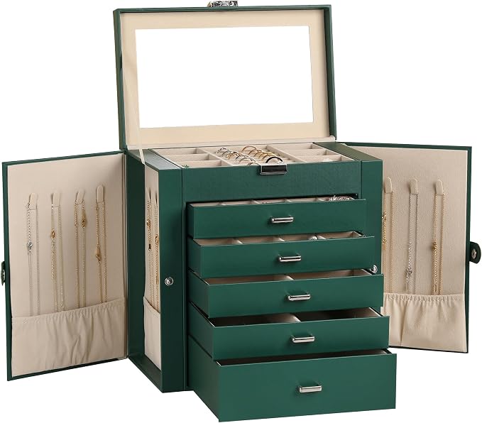 Frebeauty Large Jewelry Box,6-Tier PU Leather Jewelry Organizer,Multi-functional Storage Case with Mirror,Accessories Holder with 5 Drawers for Necklace Bracelets Watches(Blackish Green) by Frebeauty