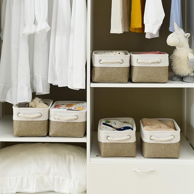 TheWarmHome Storage Basket for Shelves - 12x8x5.2 inch Small 6 Pack Collapsible Storage Bin for Closet with Handles, Fabric Storage Cubes for Cloth Organizer Gift Toy Decorative (White & Khaki) - Image 3