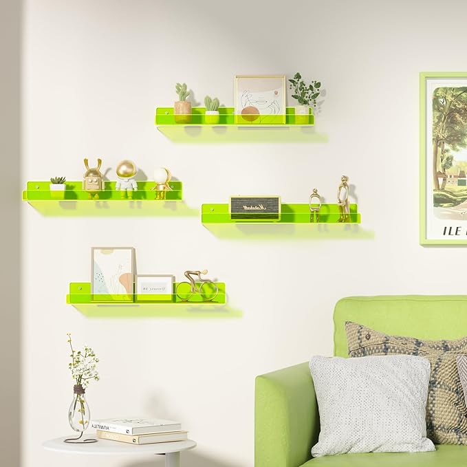 upsimples Acrylic Shelves for Wall Decor, 15" Display Shelf for Figure, Nail Polish, Wall Organizer for Bathroom, Bedroom, Living Room, Playroom, Kids Bookshelf, Clear Fluorescent Green, 4 Pack - Image 2
