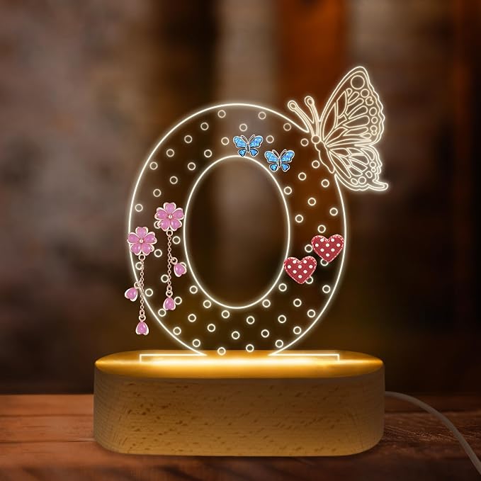 COSHAYSOO Initial Acrylic Earring Holder Organizer for Women Teen Girls with Butterfly Decorations LED Night Light Personalized Birthday Easter Mothers Valentines Day Jewelry Storage Letter O by COSHAYSOO