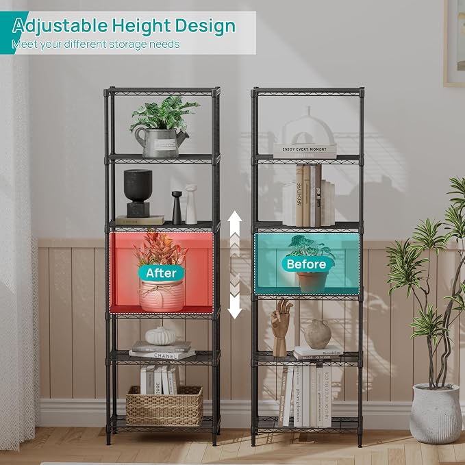 SINGAYE 6 Tier Adjustable Storage Shelf Wire Shelving Unit Metal Shelves Standing Closet Bathroom Organizers Pantry Kitchen Garage Laundry Room Organization Home Rack 12" D X 22" W X 69.5" H Black - Image 4