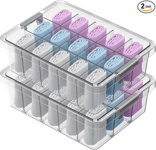 Socks Bra Underwear Drawer Organizer for Closet, 2 PCS Plastic Storage Box with 15 Removable Compartments and Lid, Clear Dresser Drawer Organizer Storage Container with Dividers for Sock Ties Belts by Unknown