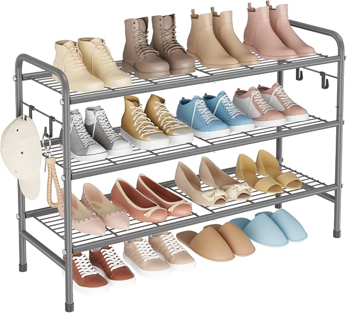 VILICK 3 Tier Shoe Rack 33" Wide Metal Shoe Organizer Long Shoe Storage with 4 Side Hooks Sturdy Shoes Shelf for Front Door Entrance, Closet, Garage, Dorm, Grey - Image 9