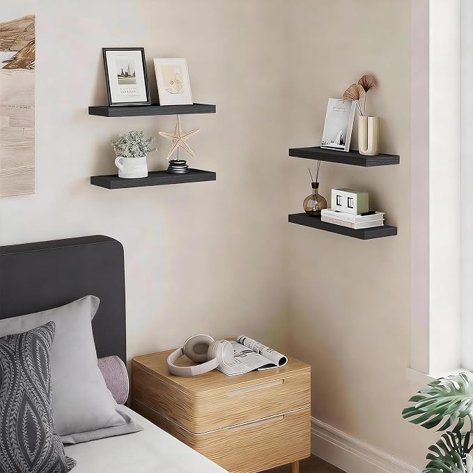 BAYKA Floating Shelves for Wall, 15.7in Wall Mounted Rustic Wood Shelves for Bathroom, Bedroom, Living Room, Kitchen, Hanging Shelf for Books/Storage/Room Decor with 22lbs Capacity (Black, Set of 4) - Image 2